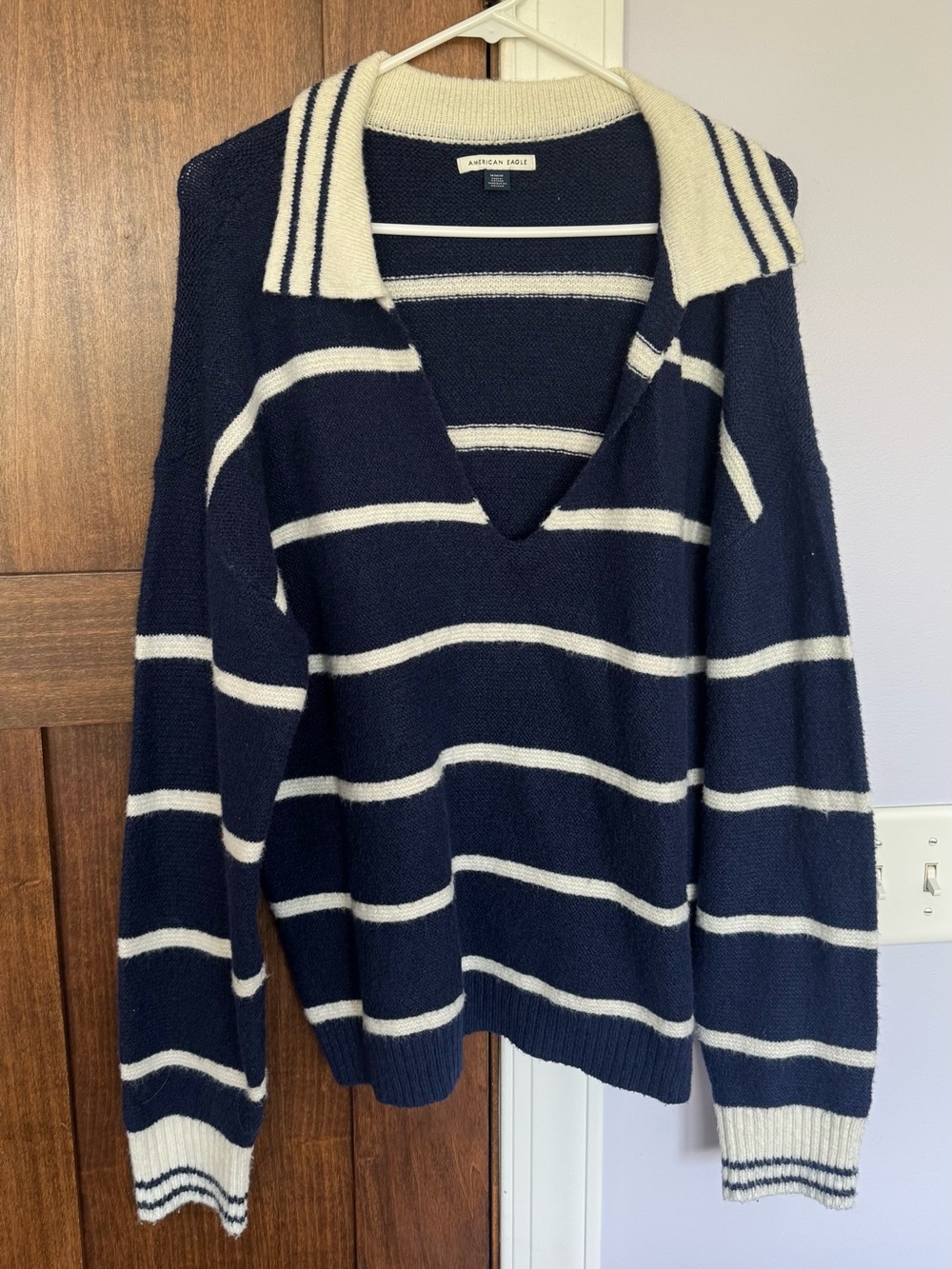American Eagle Outfitters Navy and Cream Striped V-Neck Polo Sweater